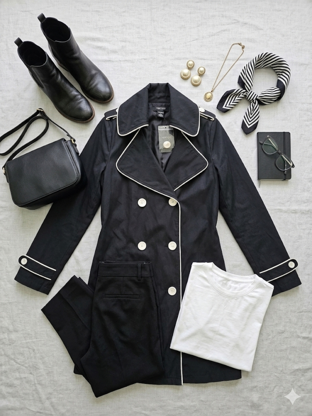 NWT Vertigo Minimalist Black with White Piping Details Short Trench Coat, Size M